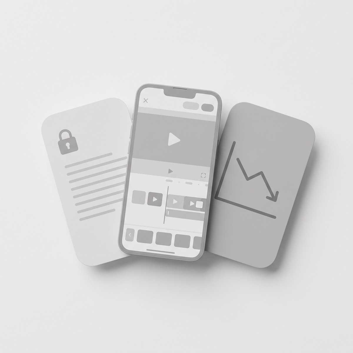 Tres tarjetas superpuestas en escala de grises: un candado cerrado, una app de edición móvil básica y un gráfico descendente.