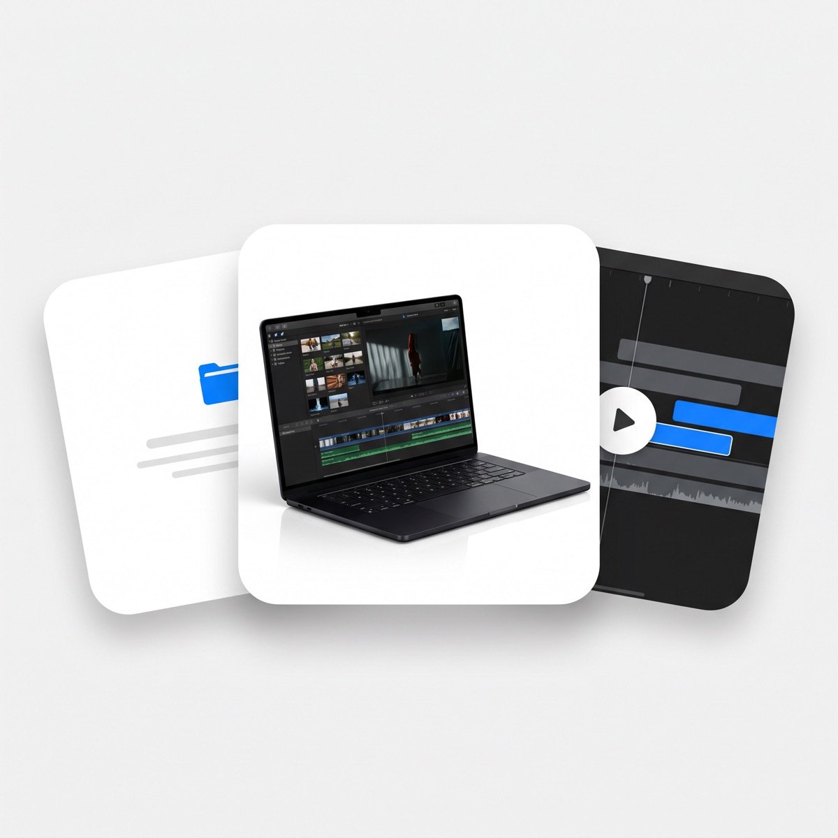 Tres tarjetas superpuestas: una carpeta de proyecto, un MacBook Pro negro con un programa de edición abierto y una línea de tiempo de edición profesional.