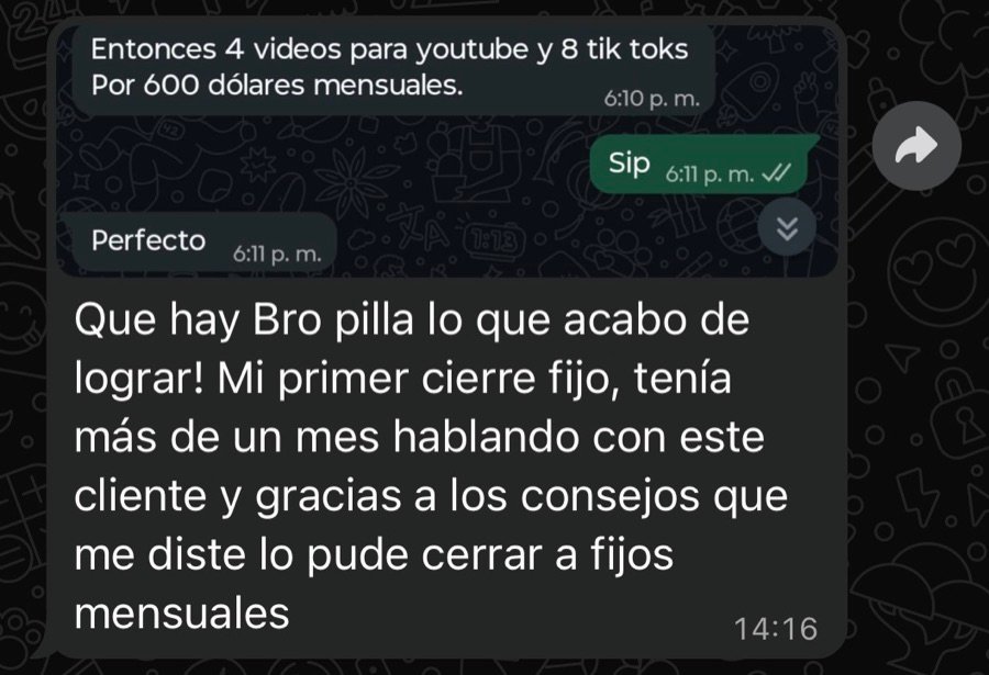 Mensaje de un alumno contando su primer cierre a fijos mensuales